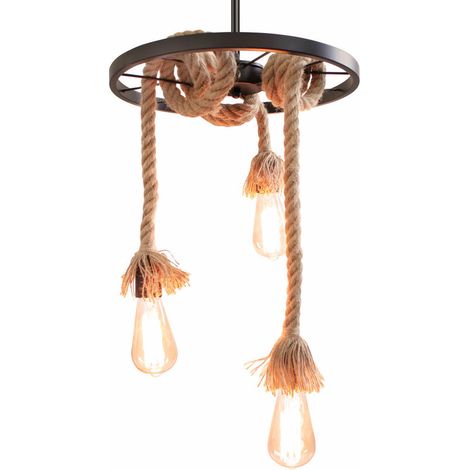 Suspension Luminaire Industrielle Lampe Pendante Rétro Corde de Chanvre avec Culot E27 Tête pour Salon Chambre Restaurant Café et Bar - 3 douille E27 Lampe Ø 35cm - Noir BLOW (1/5)