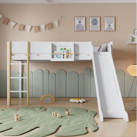 Letto a soppalco 90x200 cm con scaletta dritta a 3 gradini, letto a soppalco per bambini con scivolo, ripiano rimovibile, bianco e naturale