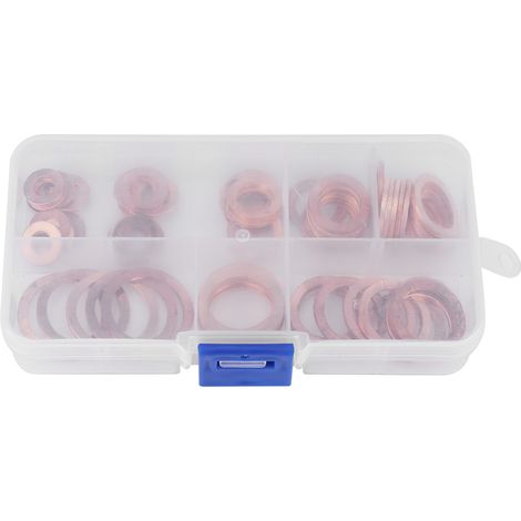 Kit de 80 bouchons de vidange en cuivre massif avec rondelles assorties, comprenant une boîte pour l'entretien des moteurs de garage. (1/5)
