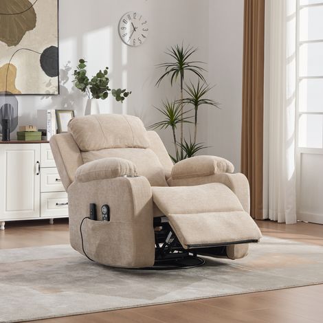 Fauteuil relax électrique pivotant 360° clair avec massage chauffant, dossier et repose-pieds réglables, poches latérales et porte-gobelet , Beige