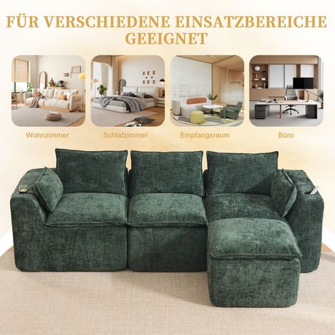 Canapé 3 places modulaire avec pouf, coussins inclus, porte-gobelets et 2 poches latérales. Rembourrage mousse et ressorts. Parfait pour salon, tissu velours côtelé vert foncé. (1/5)