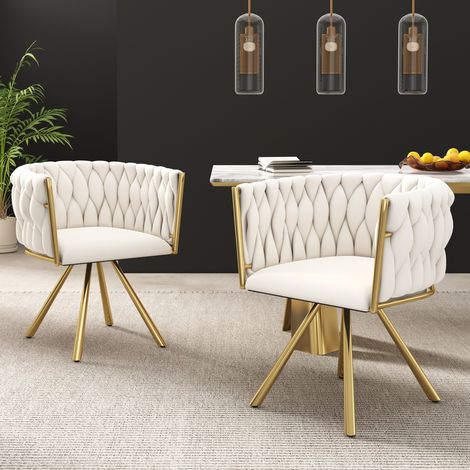 Set di 2 sedie da sala da pranzo in velluto beige, poltrone girevoli con gambe in metallo dorato