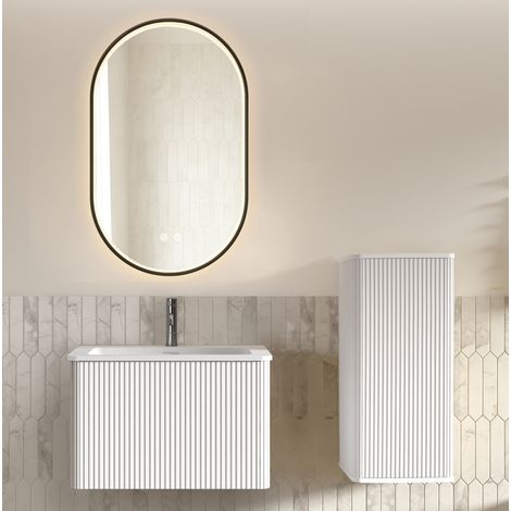 Set mobile bagno sospeso 60 cm con lavabo, colonna laterale e specchio LED bianco (1/5)