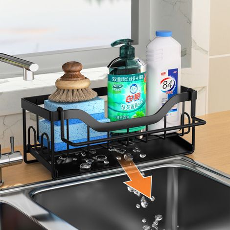 CREA Support de rangement pour évier de cuisine, support à éponge pour évier de cuisine avec fonction de vidange automatique, support de rangement pour évier de cuisine en acier inoxydable, noir