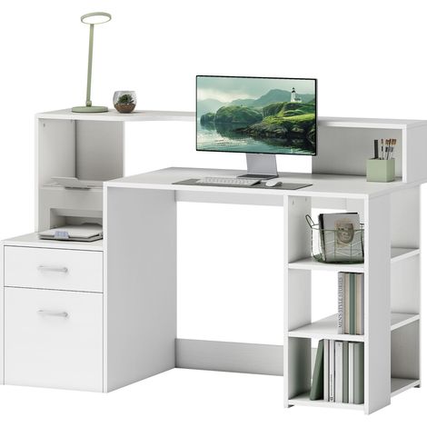 Weißer Computertisch (137 x 55 x 92 cm) mit 2 Schubladen, offenen Regalen und Druckerablage. (1/5)