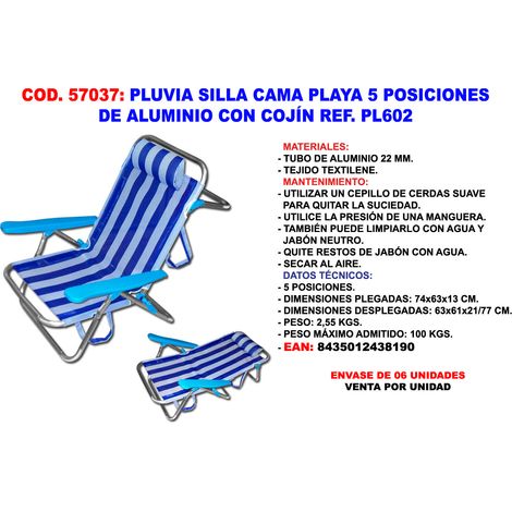 Chaise longue de plage basse Pluvia 5 positions coussin aluminium 22 mm