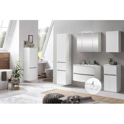 Badezimmer Komplett Set mit LED-Aufbauleuchte, Glasbecken weiß LAURIA-03 in matt weiß, BxHxT: ca. 200x200x49 cm (1/5)