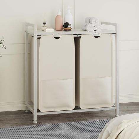 Trieur à linge sur pied 2 compartiments (2 x 48,5 L) - Sacs amovibles coulissants, cadre en métal - Pour buanderie/salle de bain/chambre - blanc