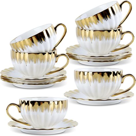 Service à café et à thé en porcelaine JeiibrZui - 220 ml - 6 pièces avec bordure dorée - Blanc - Pour expresso, cappuccino et thé (1/5)