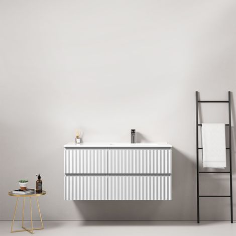 Mobile bagno sospeso cannettato 100 cm Bianco Lavabo a Destra in Ceramica Senza Specchio - Fiji Paint