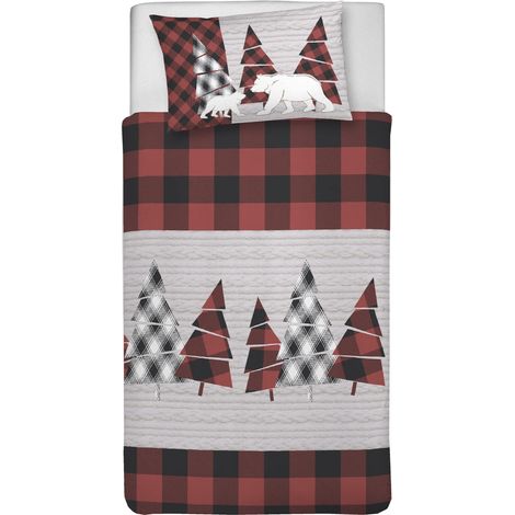 Parure de lit Simple 100% Coton, avec Sac 155 x 200 cm et 1 taie d'oreiller 52 x 82 cm, fabriquée en Italie, Housse de Couette Lavable en Machine à 40 °, Fantaisie Canada Rouge (1/5)