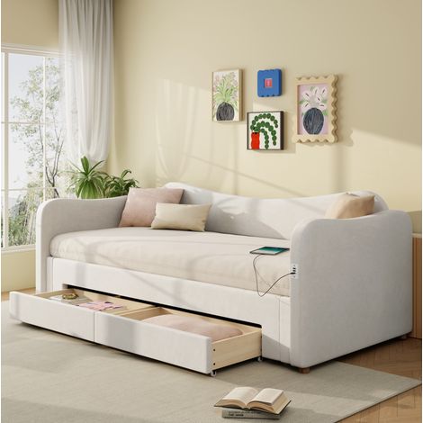 Bett gepolstert Beige Samt 90x200 cm ausziehbar auf 180x200 cm mit Schubladen und USB
