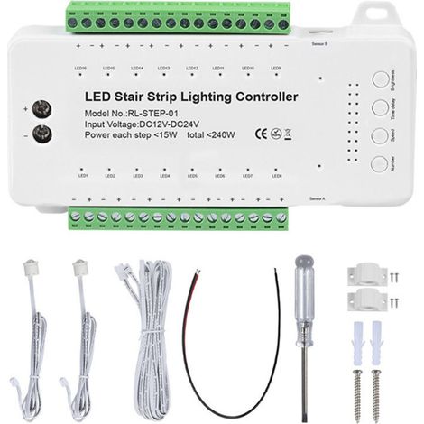 Contrôleur de barre lumineuse LED pour escalier (16 marches) avec capteur PIR, éclairage d'ambiance décoratif et variateur d'intensité. (1/5)