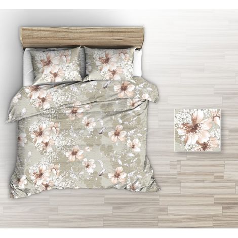 Juego de ropa de cama beige de 160x200 con grandes flores color té. (1/2)