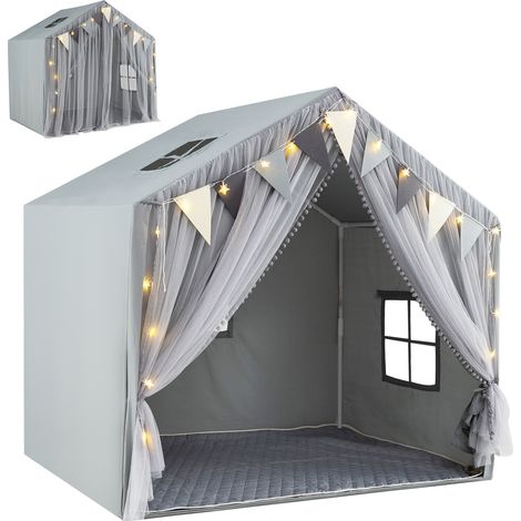 Grande tente de jeu enfant grise en tissu avec rideau, fenêtres et guirlande lumineuse (1/5)