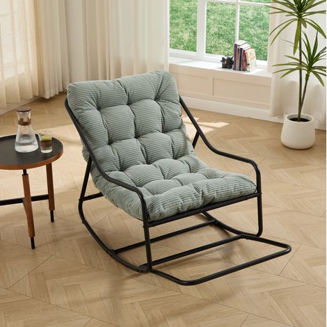 Chaise longue à bascule d'extérieur en acier noir, coussin vert clair épais, 75 x 116 x 82 cm, style moderne (1/5)
