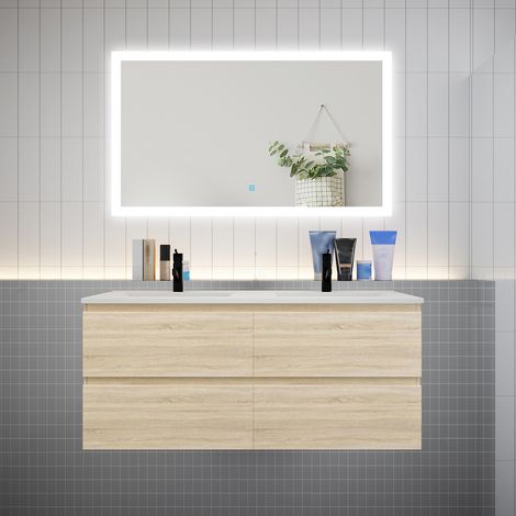 AICA Ensemble meuble double vasque L.120cm chêne 4 tiroirs + led miroir + lavabo (1/5)