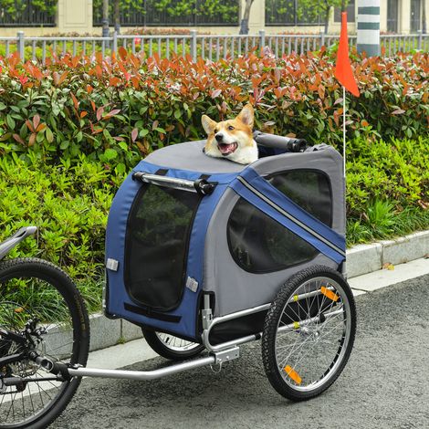 PawHut Remorque vélo pour chien animaux 8 réflecteurs drapeau barre attelage inclus acier polyester imperméable max. 30 Kg 130L x 73l x 90H cm bleu (1/5)