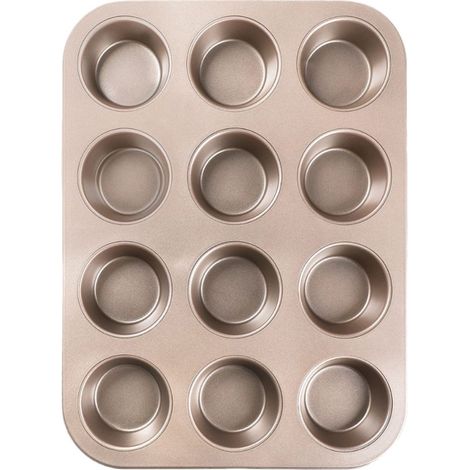 Juego de 2 moldes grandes antiadherentes para hornear muffins, cupcakes, brownies, pasteles y pudines, 35,5 x 26,5 x 2,7 cm, dorados (1/2)