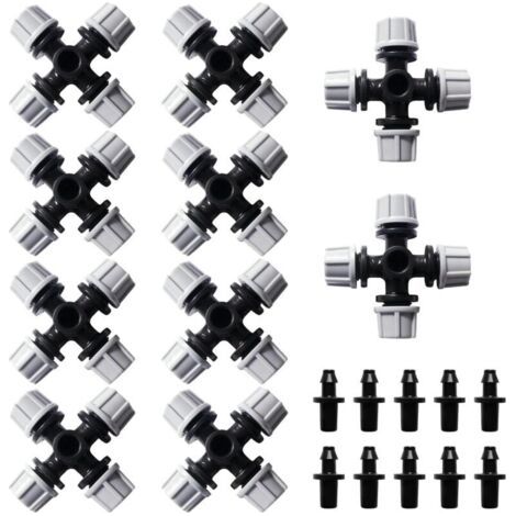 10 Pieces Atomise 4 Way Nozzle, Plastic Cross Atomization Nozzle, Gardening Greenhouse Atomization Micro Nozzle with Barbed Connector, for Garden, Lawn, Grey (1/5)