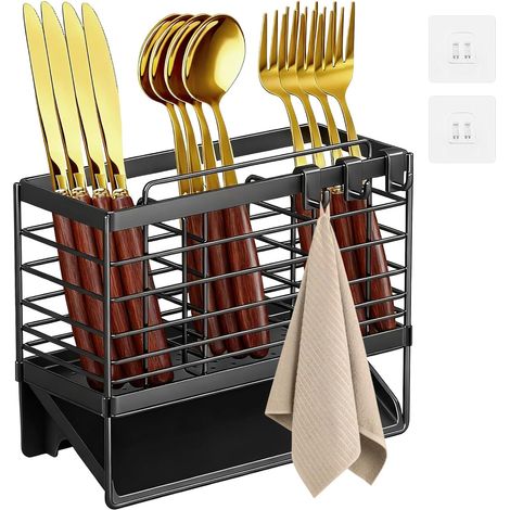 Küchenutensilienhalter, 3-teiliger Essstäbchenhalter aus Metall, Wand-Abtropfgestell für Küchenutensilien, mattschwarzer Besteckorganizer mit 3 Haken, 15,7 x 20 cm (1/5)