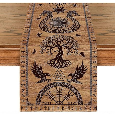 Chemin de table en bois Viking Arbre de Vie Corbeau Casque de Terreur, Décoration de table saisonnière pour la cuisine et les fêtes à la maison 33 x 183 cm (1/5)