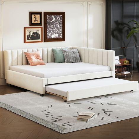 Canapé-lit 140x200 cm convertible avec lit gigogne, beige, structure en bois FloraGrace (1/5)