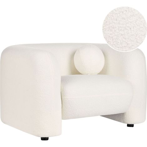 Poltrona in tessuto bouclè bianco con cuscino rotondo Leiren