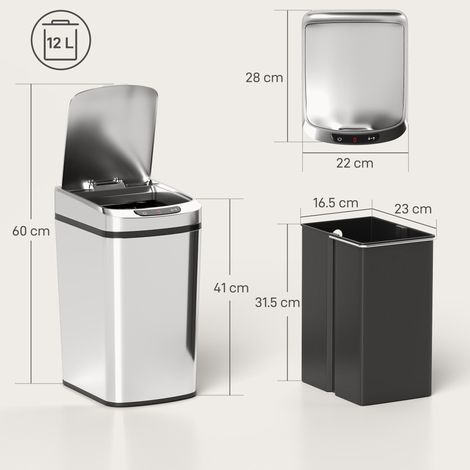 Poubelle infrarouge 12 L avec seau amovible, acier inoxydable, ABS et PP, 28 x 22 x 41 cm, argent (1/5)