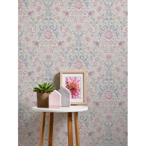 Papier peint floral dense sur fond crème Tapisserie fleurie verte, bleue, rose avec oiseaux Papier peint style cottage pour salon (1/5)