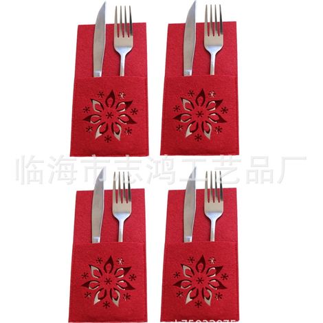Sac Pour Couverts - 8 Pièces - Pochette À Vaisselle Avec Motif Flocon De Neige - Pour Décoration De Table De Noël - Rouge (1/5)