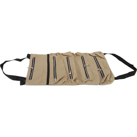 Sacoche à outils en toile pliable avec fermeture éclair, légère et résistante, grande capacité, enroulable et munie de sangles, kaki (1/5)