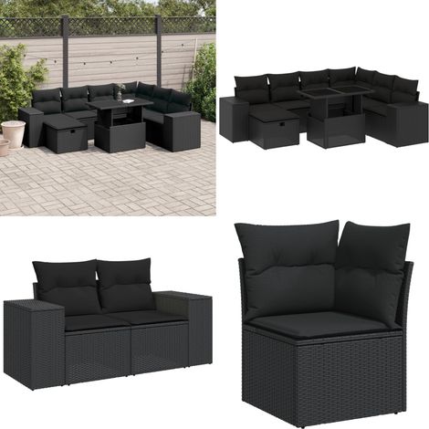 Salon de jardin 8 pcs avec coussins noir résine tressée - Salon De Jardin - Mobilier De Jardin - Set Salon De Jardin - Table Extensible - Chaise Lounge - Home & Living (1/5)