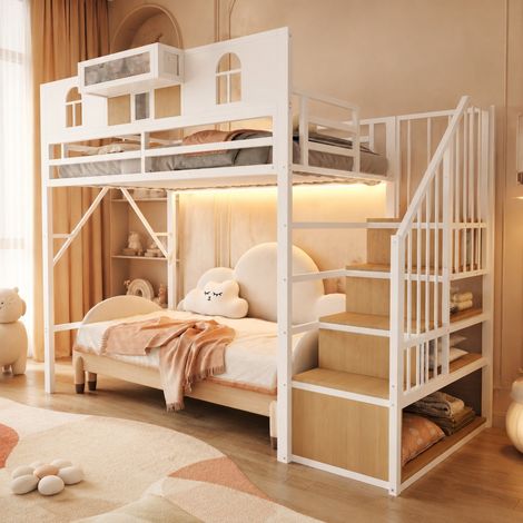 Letto a soppalco 90 x 200 cm con scala contenitore e striscia luminosa, bianco HAVRYA (1/5)
