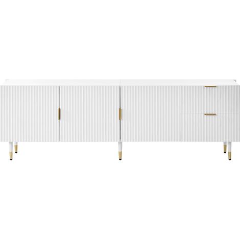 Meuble TV Blanc 170 cm avec Tiroirs et 3 Portes, Pieds Dorés Réglables, Meuble de Salon Moderne (1/5)