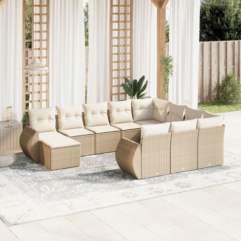 Salon de jardin 11 pièces en résine tressée beige avec table acacia et coussins gris Modulaire pour terrasse (1/3)
