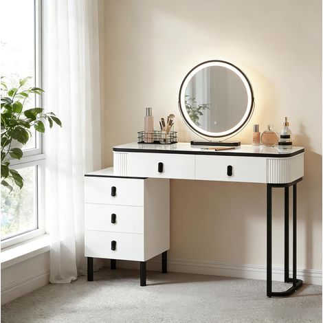 Toeletta con specchio LED 360°, 5 cassetti, 100 x 40 x 126 cm, nero e bianco HAVRYA (1/5)