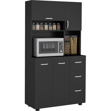 Beyamis Multifunktionaler Küchenschrank mit 4 Türen, 3 Schubladen, Ablagefach und großer Arbeitsplatte, 89 x 39,5 x 168 cm (L x B x H), schwarz