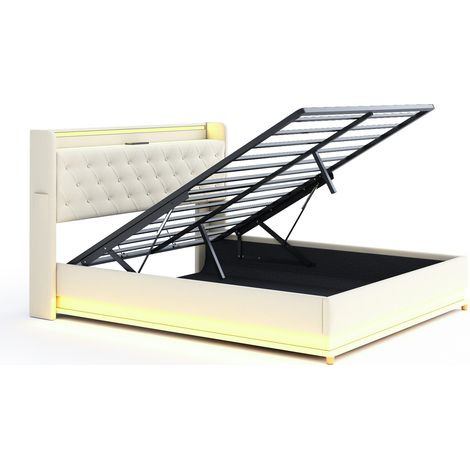 Polsterbett LED 160x200 cm beige mit USB-Anschluss und hydraulischem Bettkasten (1/5)