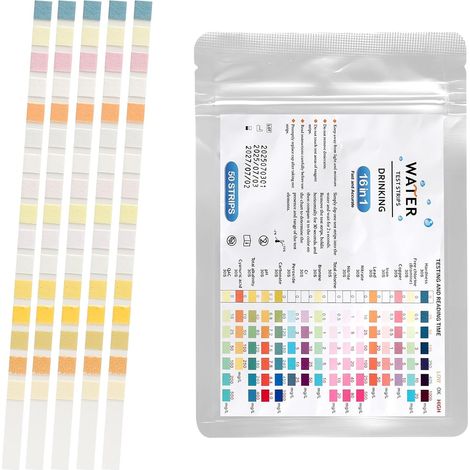 16 en 1 Test eau Potable, 50 Pièces Test de La Dureté de L'Eau, Kit Analyse Eau, Test du PH, Plomb, Fer, Cuivre, Etc., Convient pour L'Eau du Robinet Domestique, Aquariums, Les Piscines. (1/5)