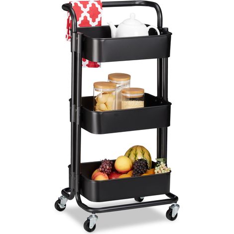 Relaxdays Rollwagen, 3 Etagen, 2 Bremsen, Allzweckwagen Küche, Bad, Büro, Rollregal Metall, HBT 84 x 42 x 37 cm, schwarz
