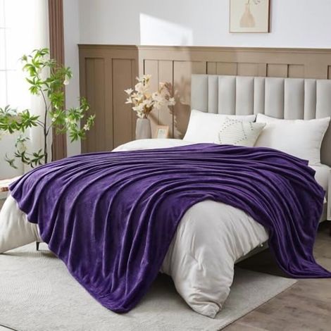 Manta extra suave tamaño Queen, color morado oscuro, franela sedosa de primera calidad, estampado de hojas, manta ligera, apta para todas las estaciones (morado oscuro, tamaño Queen (90" x 90"))