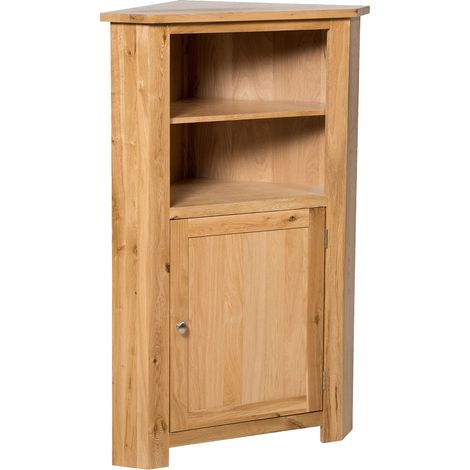 Hallowood Furniture Waverly Oak Corner Shelf Unit with 2 Shelves and Cupboard, Wooden Solid Oak Display Cabinet, Medium Corner Cabinets for Living Room, Hallway, Kitchen or Bedroom (1/5)