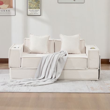Canapé lounge 162x78x66 cm beige en velours côtelé avec coussins et poches de rangement (1/5)