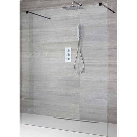Milano Nero 1000mm Black Floating Glass Walk In Wet Room Shower Enclosure with Screen and Support Arms - 800mm Tile Insert Shower Drain (1/5)