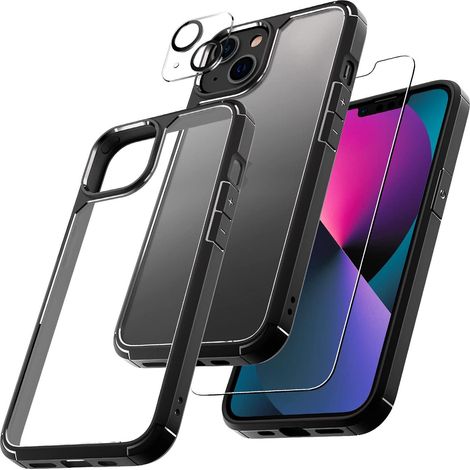 Coque iPhone 13 Kit 5-en-1, 1 Housse + 2 Verres Trempés + 2 Protèges Objectif, Protection Militaire Anti-Choc Anti-Jaunissement, Couverture Totale 360°, Noir