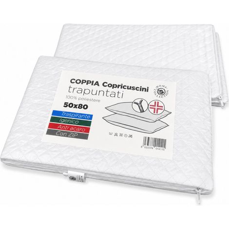 Coppia Copriguanciali Trapuntati 50x80 con Cerniera Zip, Federe Proteggi Cuscino Bianche (1/5)
