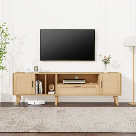 Meuble TV rangement salon 180 cm rotin chene 2 portes OKMYHOME (1/5)