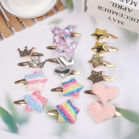 Pince Cheveux Pour Filles, 16 Pices Toile/couronne/coeur/papillon En Forme De Barrettes Enfants, Mtal Barettes Cheveux Fille Paillette, Kawaii Ac (1/5)