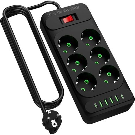 JSSEVN-Power-Base Mehrfachsteckdose Basic mit 6 Steckdosen, 2 m Kabel, Mittel, Schwarz (1/2)